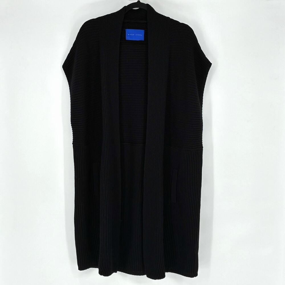 Winser London Black Merino Wool Long Ribbed Knit Open Vest Cardigan - Size L